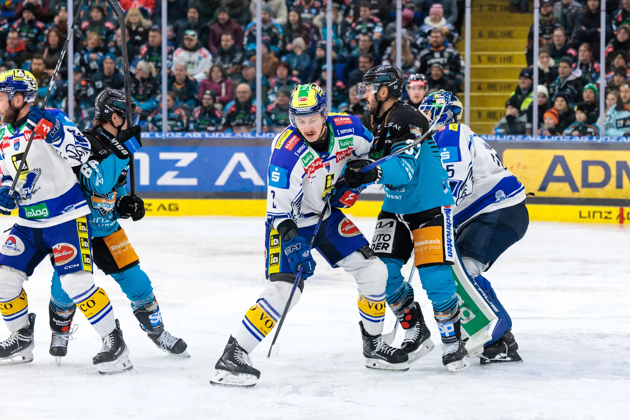 Eishockeyspieler der Black Wings Linz und des VSV liefern sich einen energischen Kampf um die Scheibe auf dem Eis