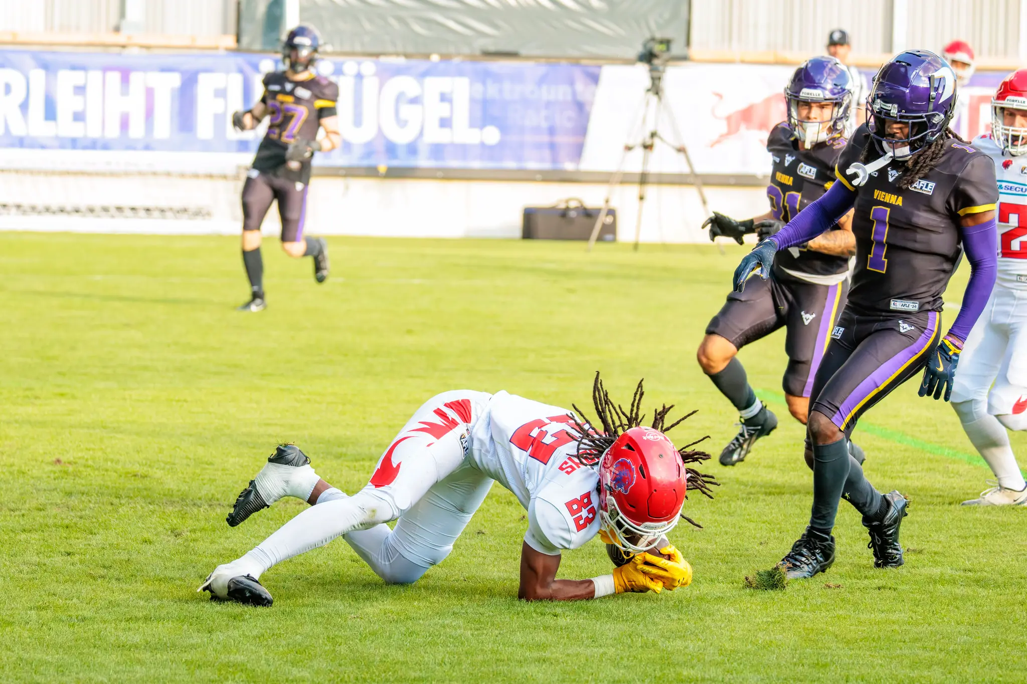 Touchdown-Catch vollendet: Red-Lions-Receiver (83) hält den Ball in der Endzone fest, während Marloshawn Franklin Jr (1) die Coverage schließt – Punkte für Florenz.