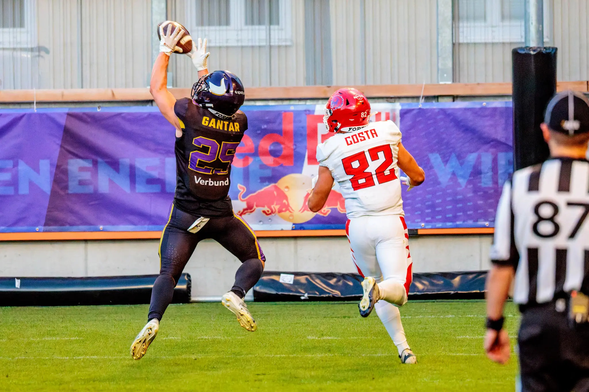 Linus Gantar (25) springt hoch und sichert den Touchdown-Catch vor Red-Lions-Verteidiger Costa (82) – athletischer Abschluss in der Endzone.