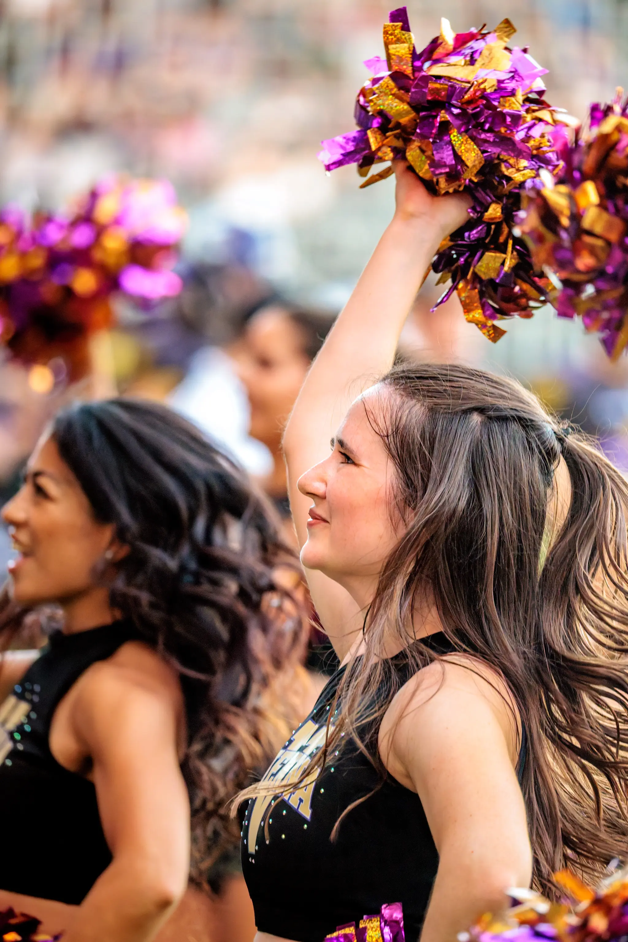 An der Seitenlinie reckt eine Tänzerin des Vienna Vikings Cheer Squads lächelnd ihren lila-goldenen Pompon in die Höhe.