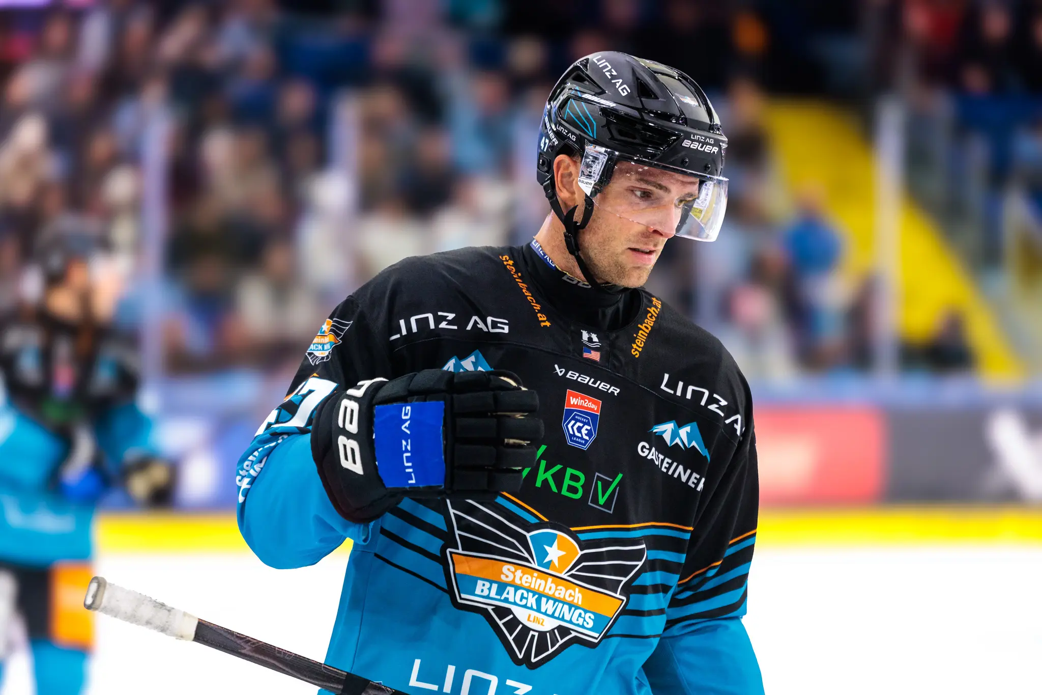 Portrait des Eishockeyspielers Logan Roe von den Steinbach Black Wings Linz mit konzentriertem Blick nach einem Torerfolg während eines Spiels der ICE Hockey League