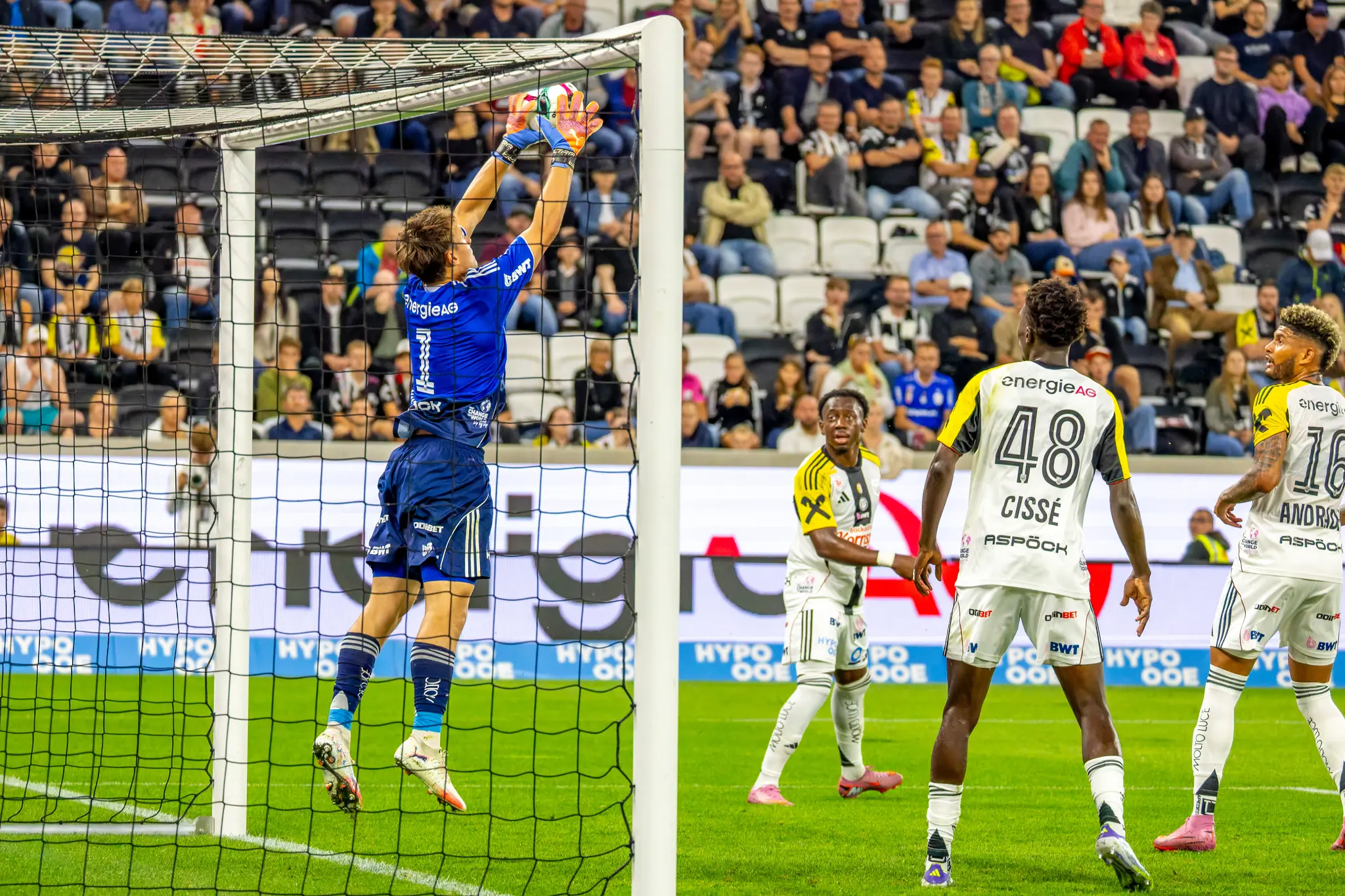 Ein Fußballtorhüter in blauem Trikot fängt im Sprung den Ball am Tor, während andere Spieler in weißen Trikots und Fans im Stadion zuschauen