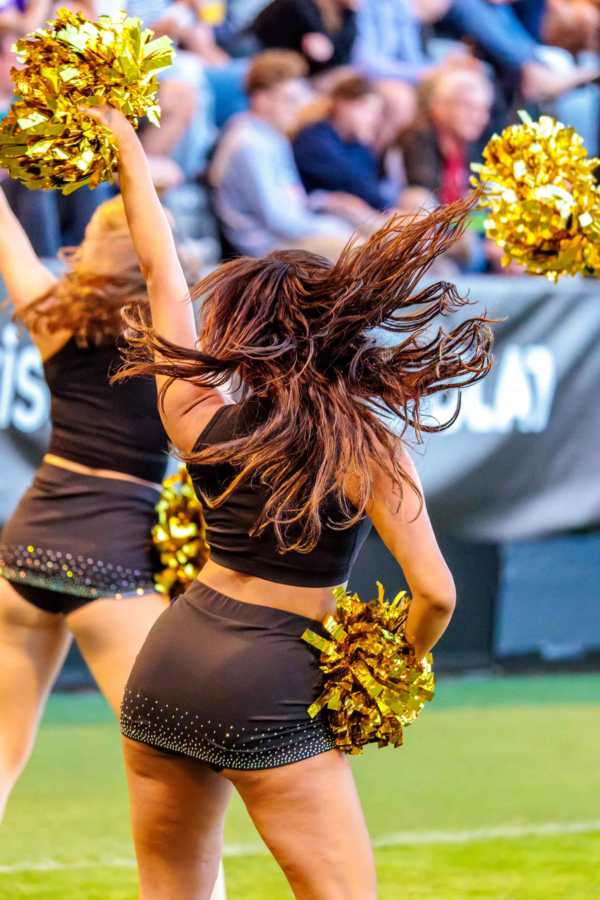 Goldene Funken: Die Premium Dancers peitschen ihre Mähnen durch die Luft und wirbeln goldene Pompoms vor der Tribüne – Stimmung pur beim Heimsieg der Vienna Vikings gegen die Red Lions.