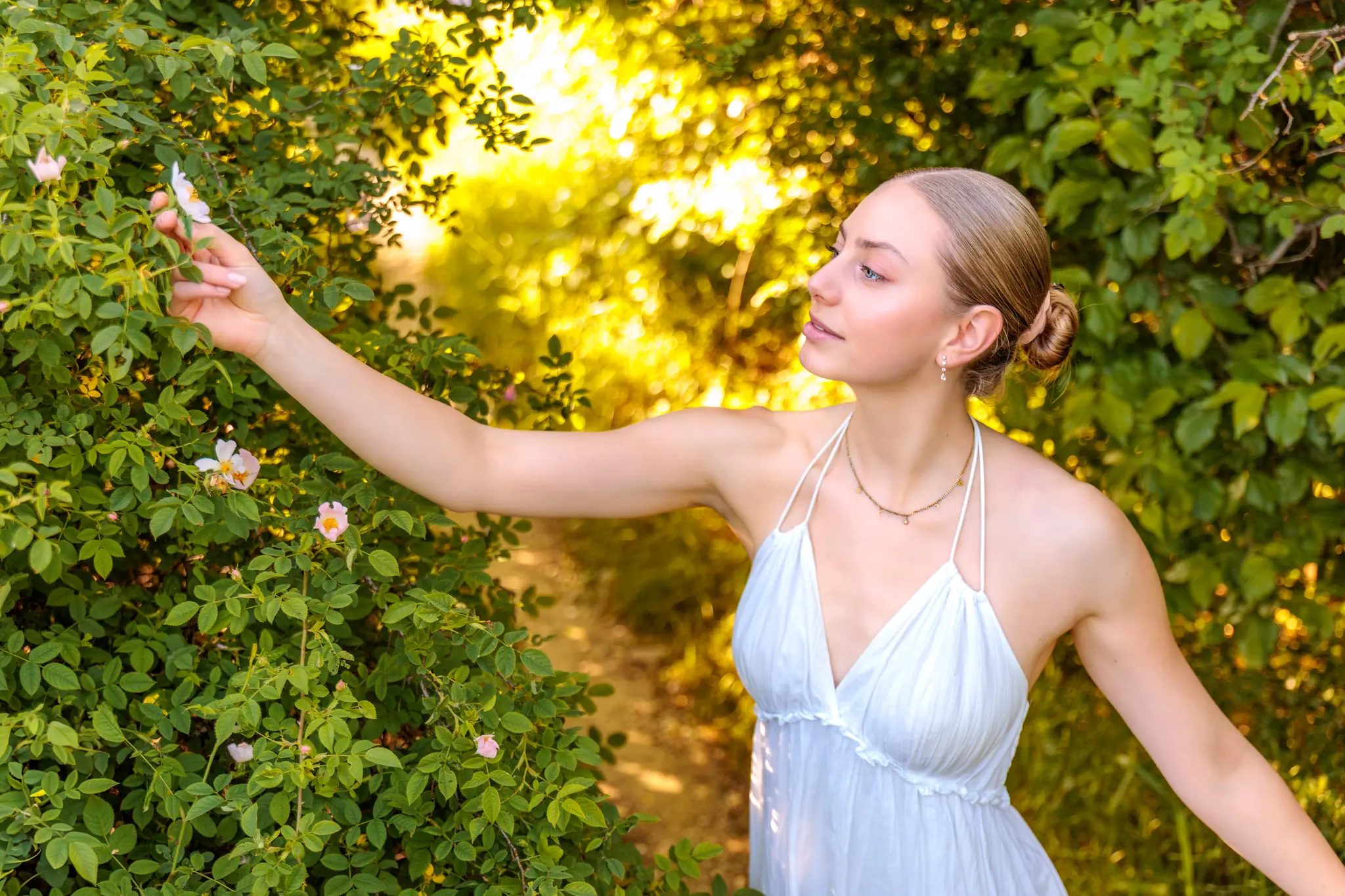 Junge Frau im weißen Sommerkleid pflückt im Sonnenlicht Blüten an einem grünen Busch, seitliche Ansicht. 