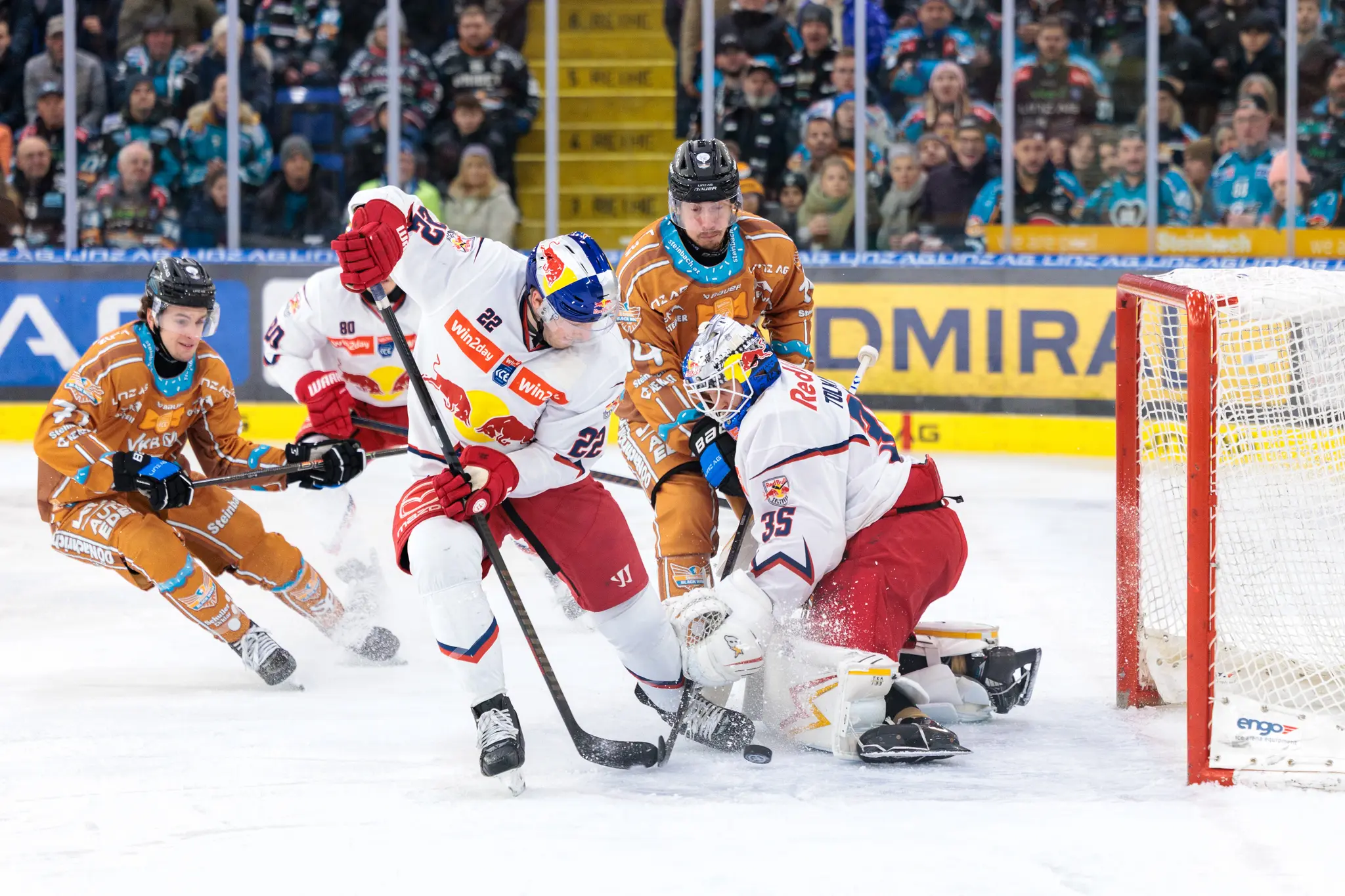 Dennis Robertson von Red Bull Salzburg behauptet den Puck in einem intensiven Zweikampf vor dem Gehäuse der Steinbach Black Wings Linz