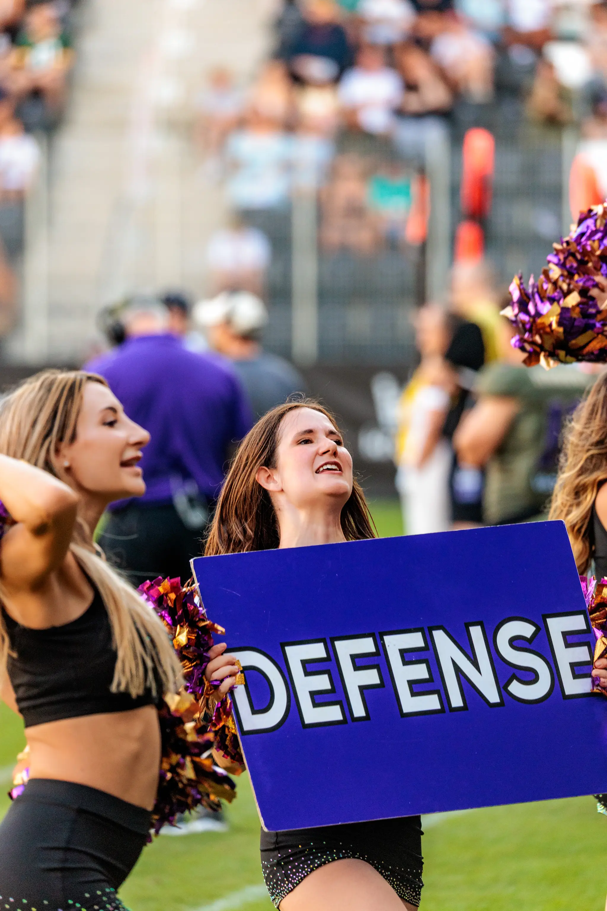 Eine Cheerleaderin der Vienna Vikings hält ein violettes DEFENSE-Schild am Spielfeldrand hoch.