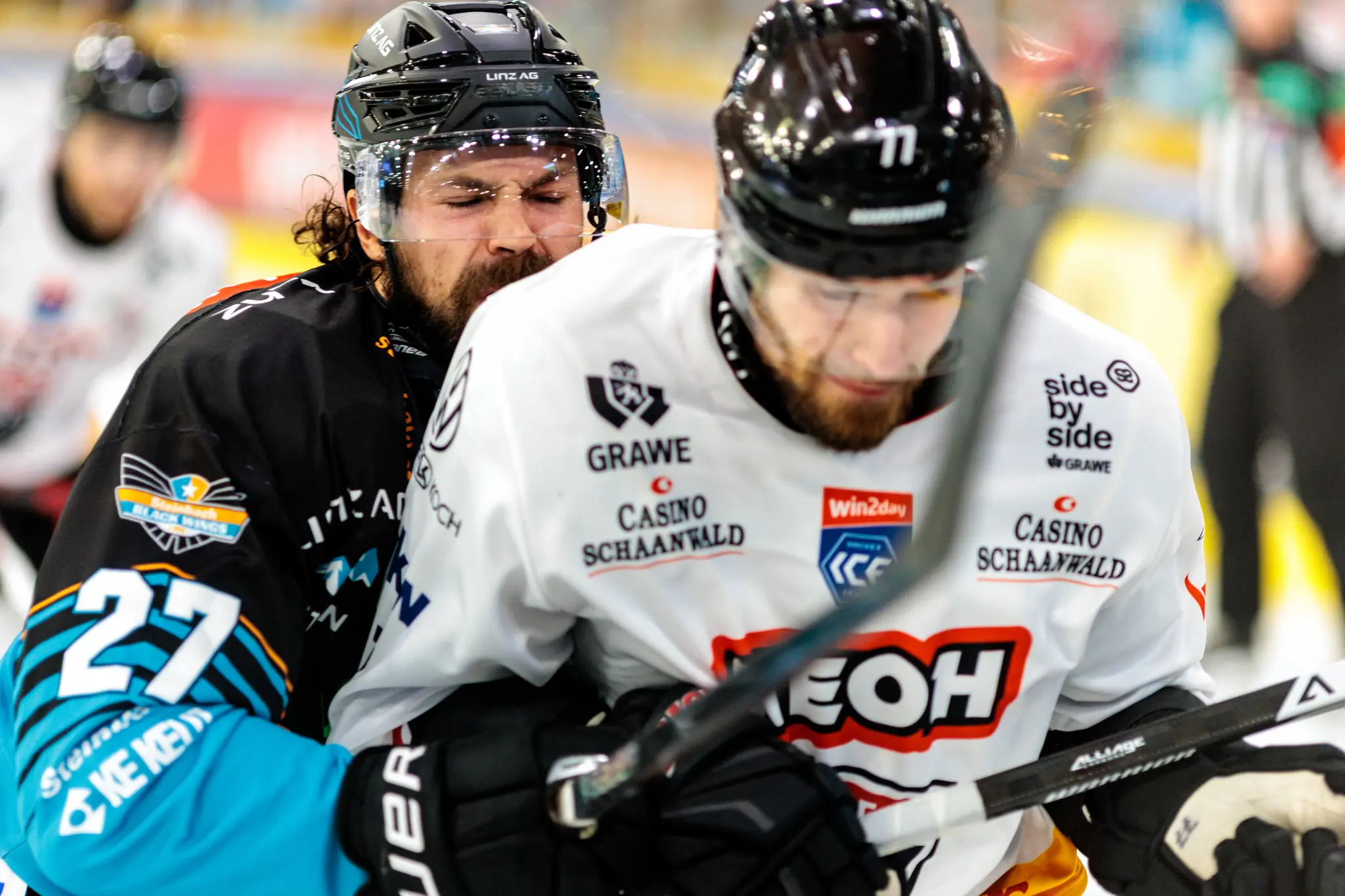 Die Eishockeyspieler Shawn St-Amant von den Steinbach Black Wings Linz und ein Spieler der Pioneers Vorarlberg liefern sich einen packenden Zweikampf an der Bande