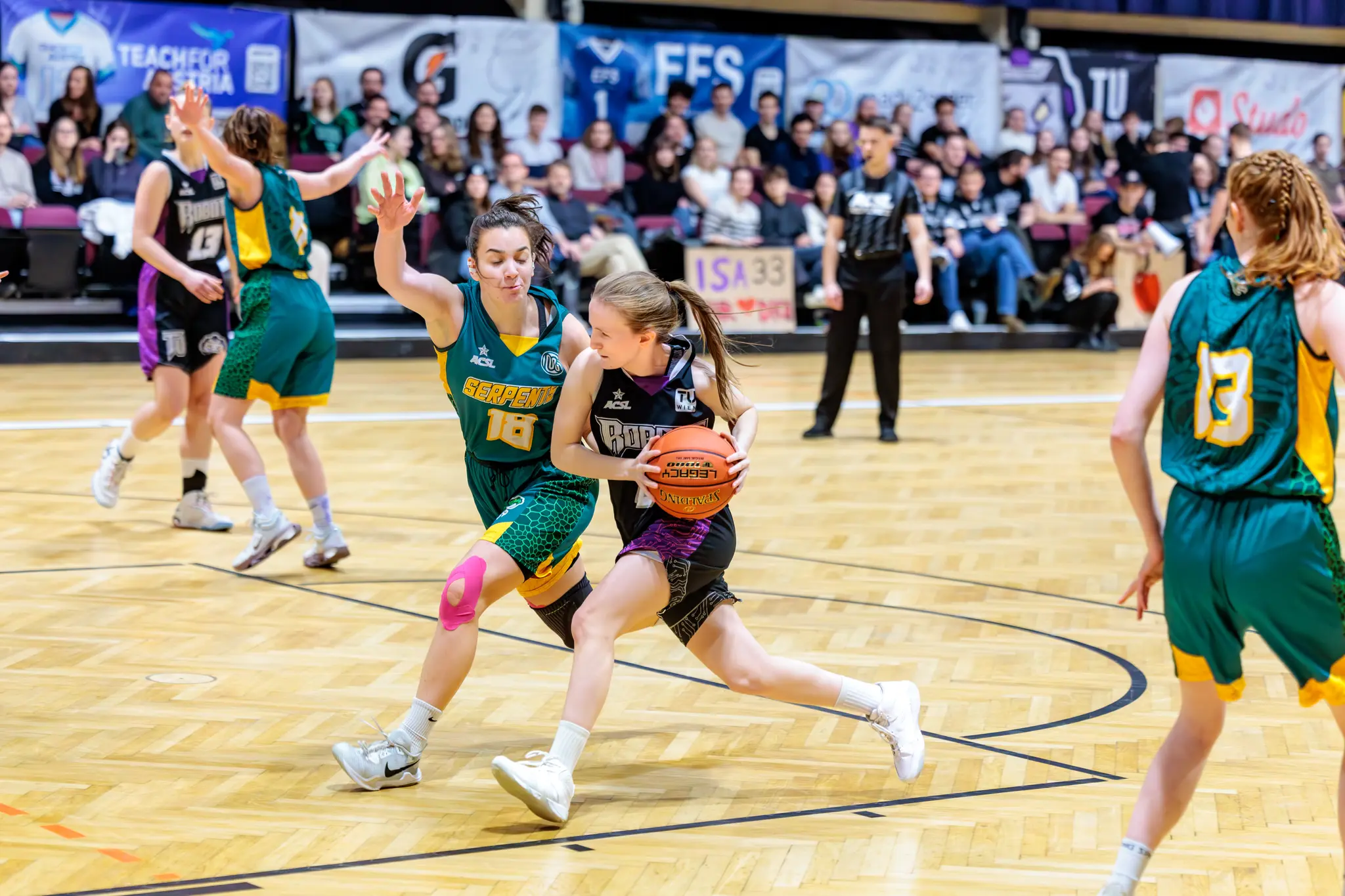 Aktives Frauen-Basketballspiel auf einem Indoor-Feld. Eine Spielerin in grün verteidigt eine Gegnerin in schwarz, die den Ball hält. Zuschauer und Schiedsrichter im Hintergrund