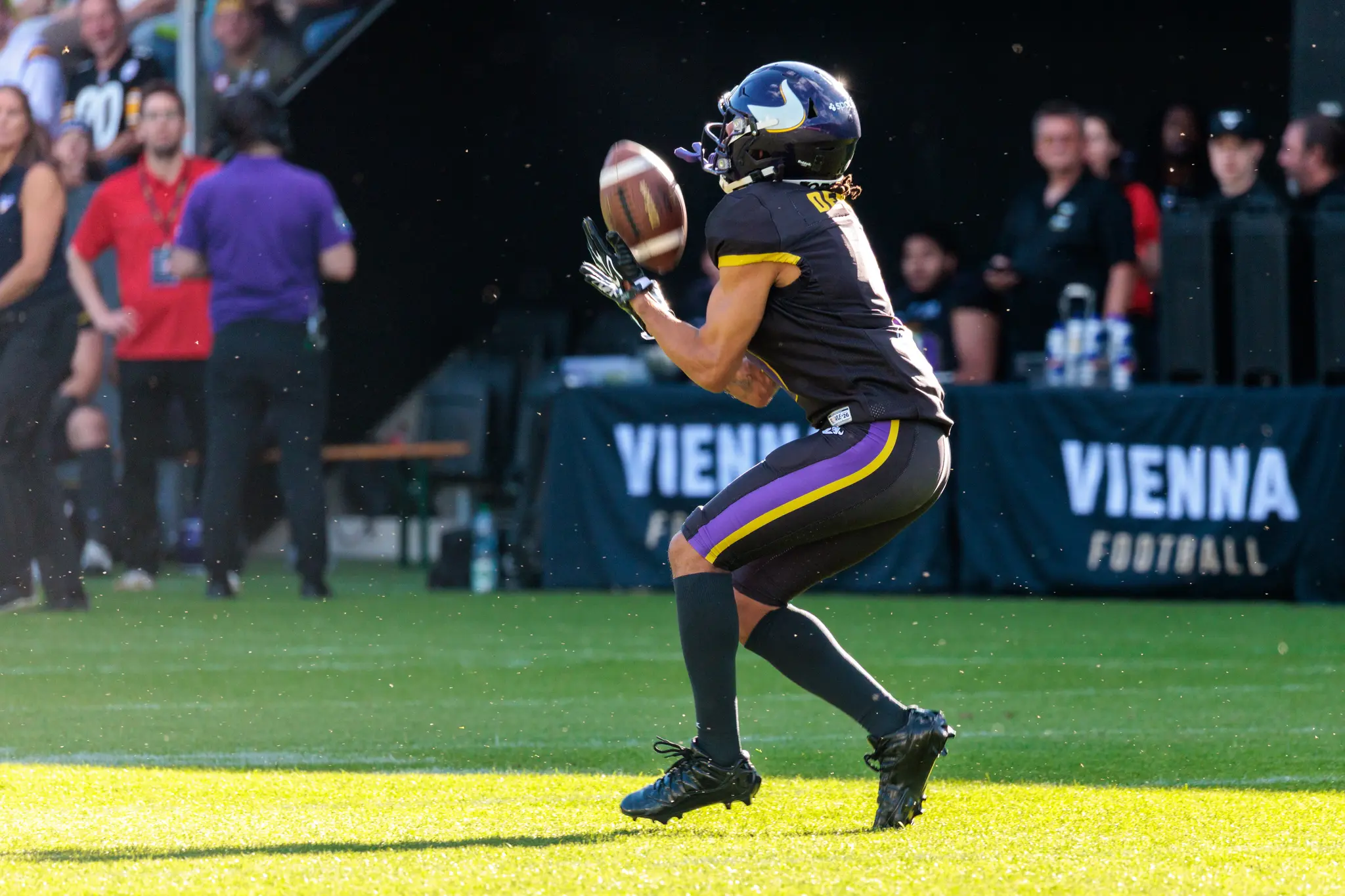 Ein Spieler der Vienna Vikings fängt den Football während eines AFLE-Spiels gegen die Alpine Rams