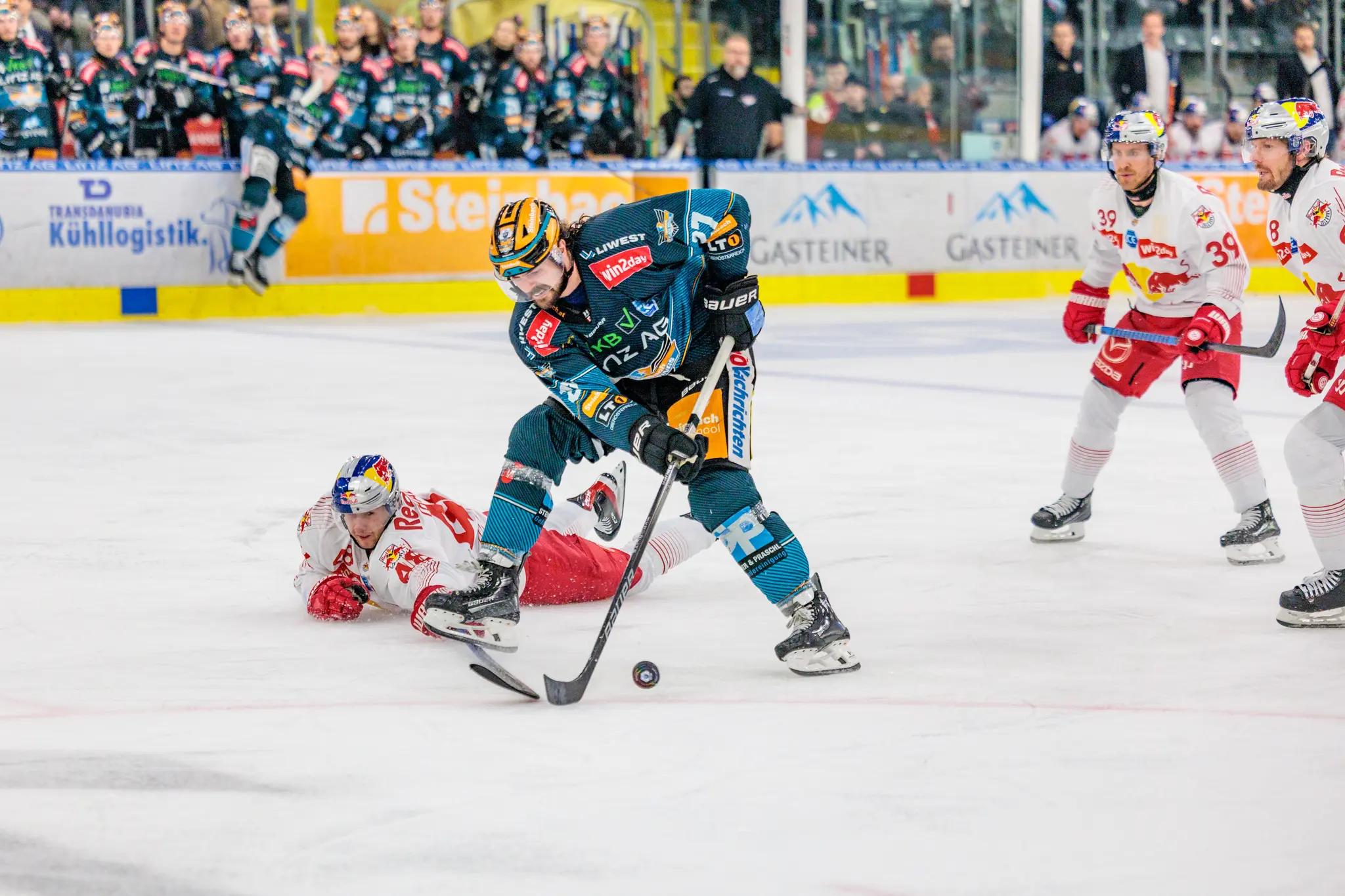 Ein Eishockeyspieler in dunkler Ausrüstung kontrolliert den Puck auf dem Eis, während ein gestürzter Gegenspieler in hellem Trikot am Boden liegt und weitere Spieler im Hintergrund stehen 