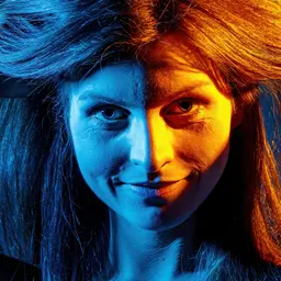 Nahaufnahme einer lächelnden Frau, deren Gesicht und Haare durch einen starken Kontrast von blauem und orangefarbenem Licht dramatisch beleuchtet sindlens: EF-S18-135mm f/3.5-5.6 IS STM