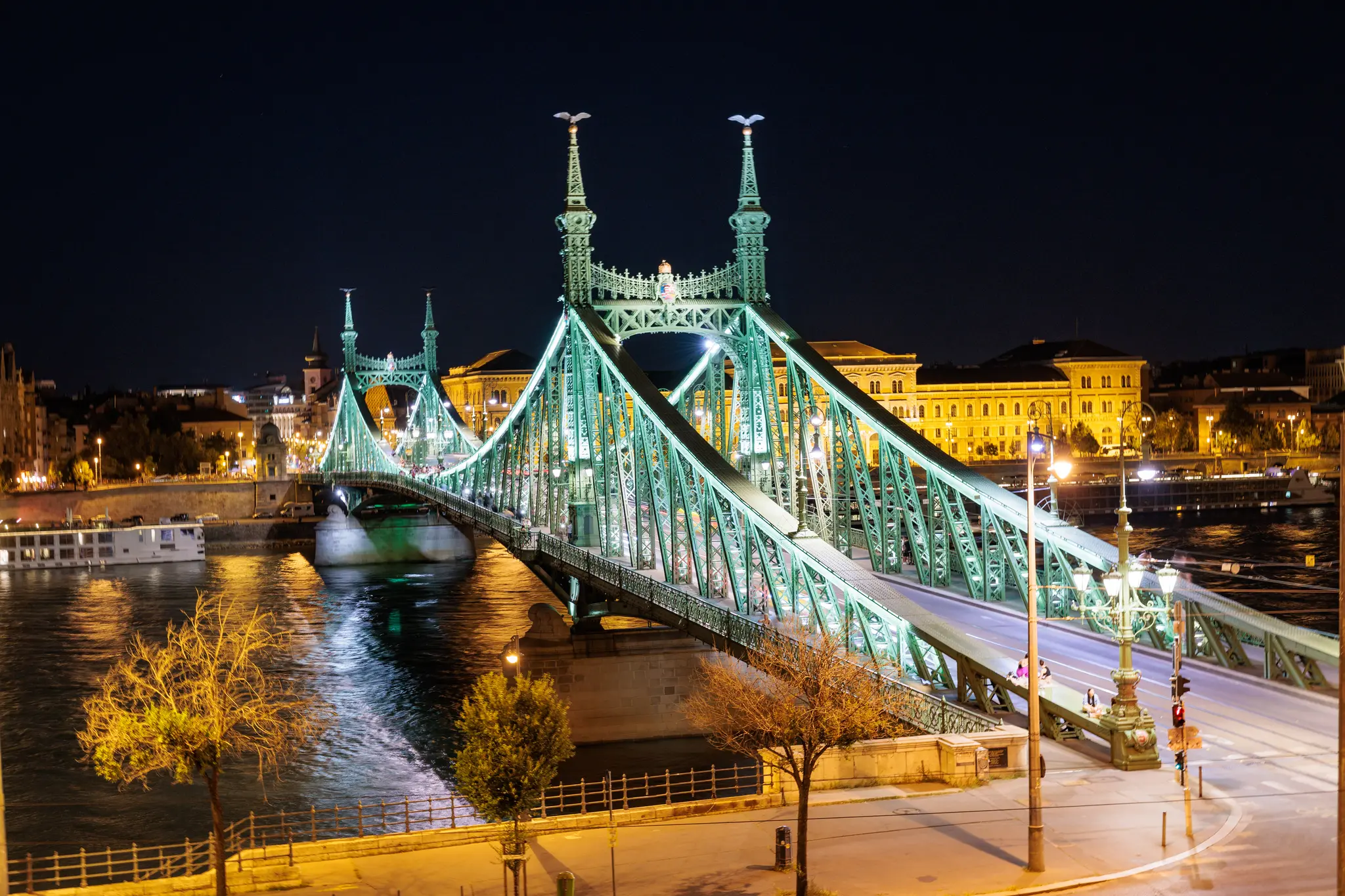 Die beleuchtete Freiheitsbrücke in Budapest bei Nacht über die Donau. Die ikonische grüne Brücke mit ihren verzierten Türmen ist ein Wahrzeichen Ungarns und bietet eine beeindruckende Stadtansicht mit Wasserspiegelungen.