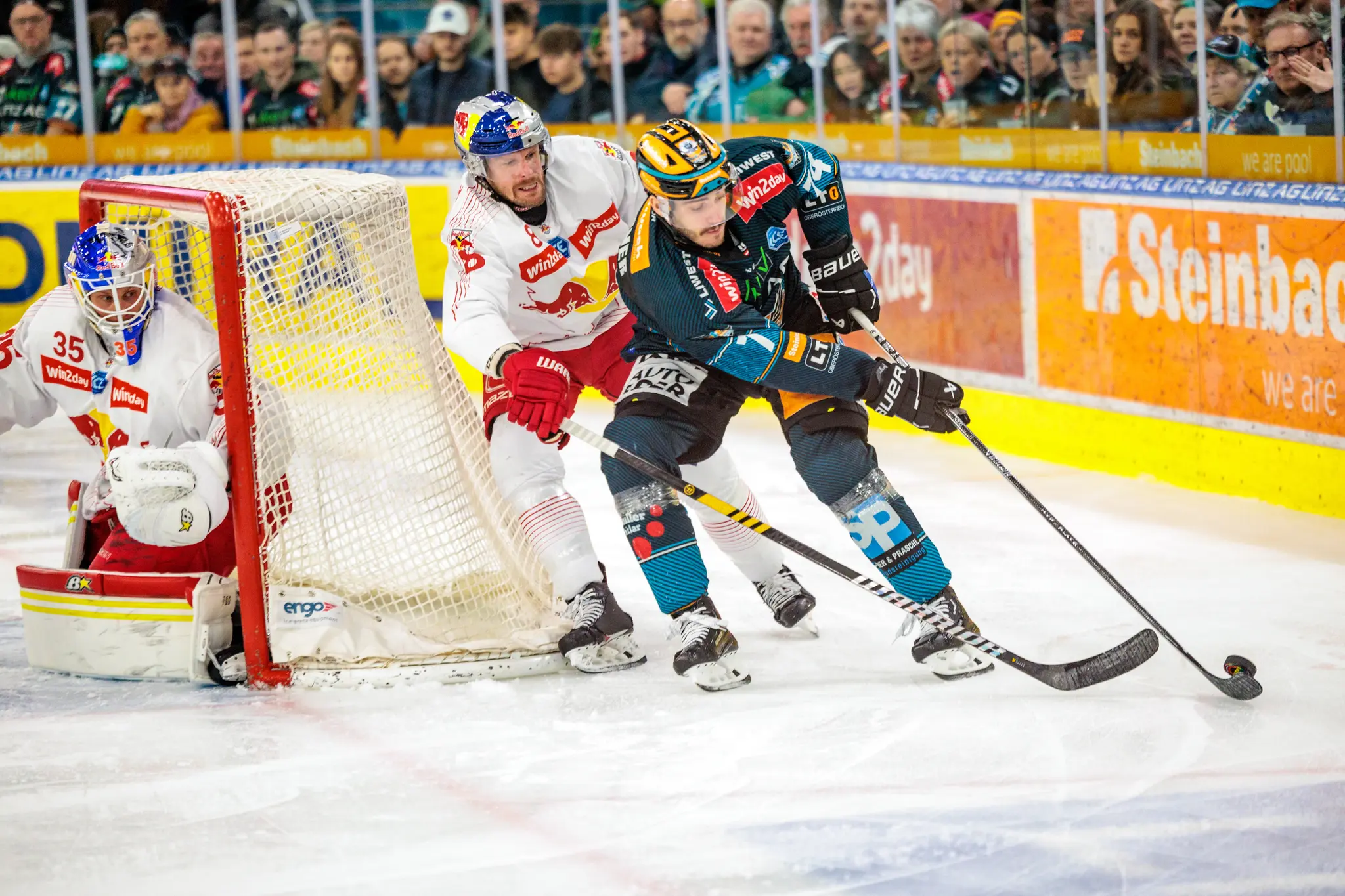 Ein Spieler von Red Bull Salzburg in weißem Trikot ringt mit einem Eishockeyspieler von Linz im dunklen Trikot direkt vor dem von einem Torhüter verteidigten Tor 