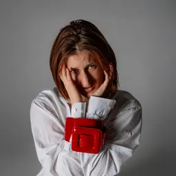 Porträt von Anja Stiftinger in einem weißen Hemd, deren Hände symbolisch durch einen breiten roten Lackgürtel gefesselt sind