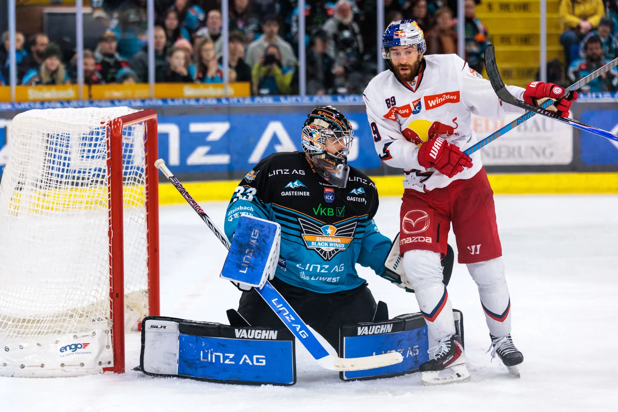 Der Eishockey-Goalie der Steinbach Black Wings Linz, Thomas Höneckl, in einer Spielszene am Tor gegen den Stürmer Florian Baltram vom EC Red Bull Salzburg