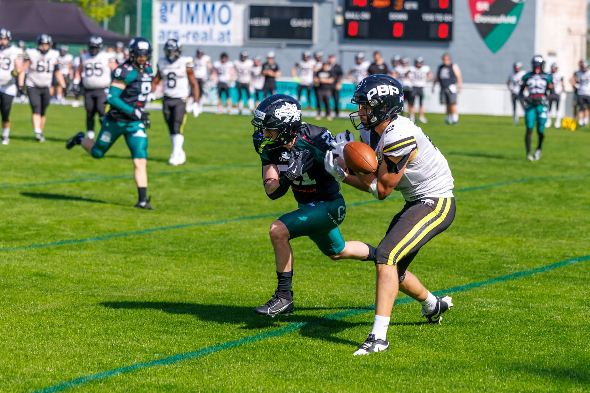 Ein Verteidiger der Danube Dragons tackelt den Ballträger der Prague Black Panthers in einer packenden Spielszene der Austrian Football League
