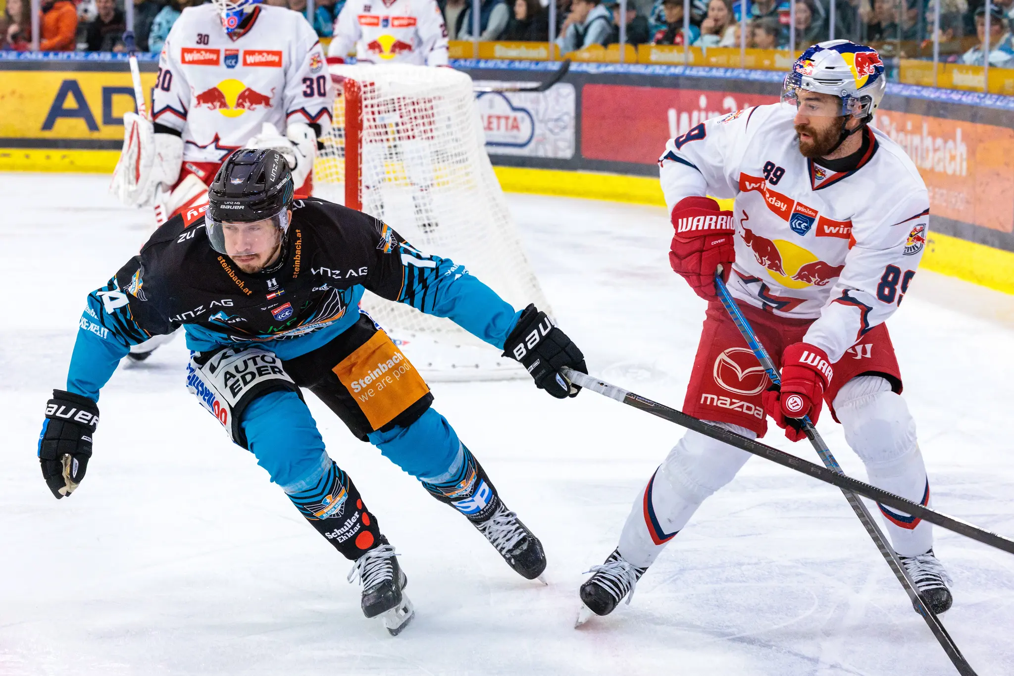 Florian Baltram vom EC Red Bull Salzburg im Eishockey-Zweikampf mit Henrik Neubauer der Steinbach Black Wings Linz vor dem gegnerischen Tor