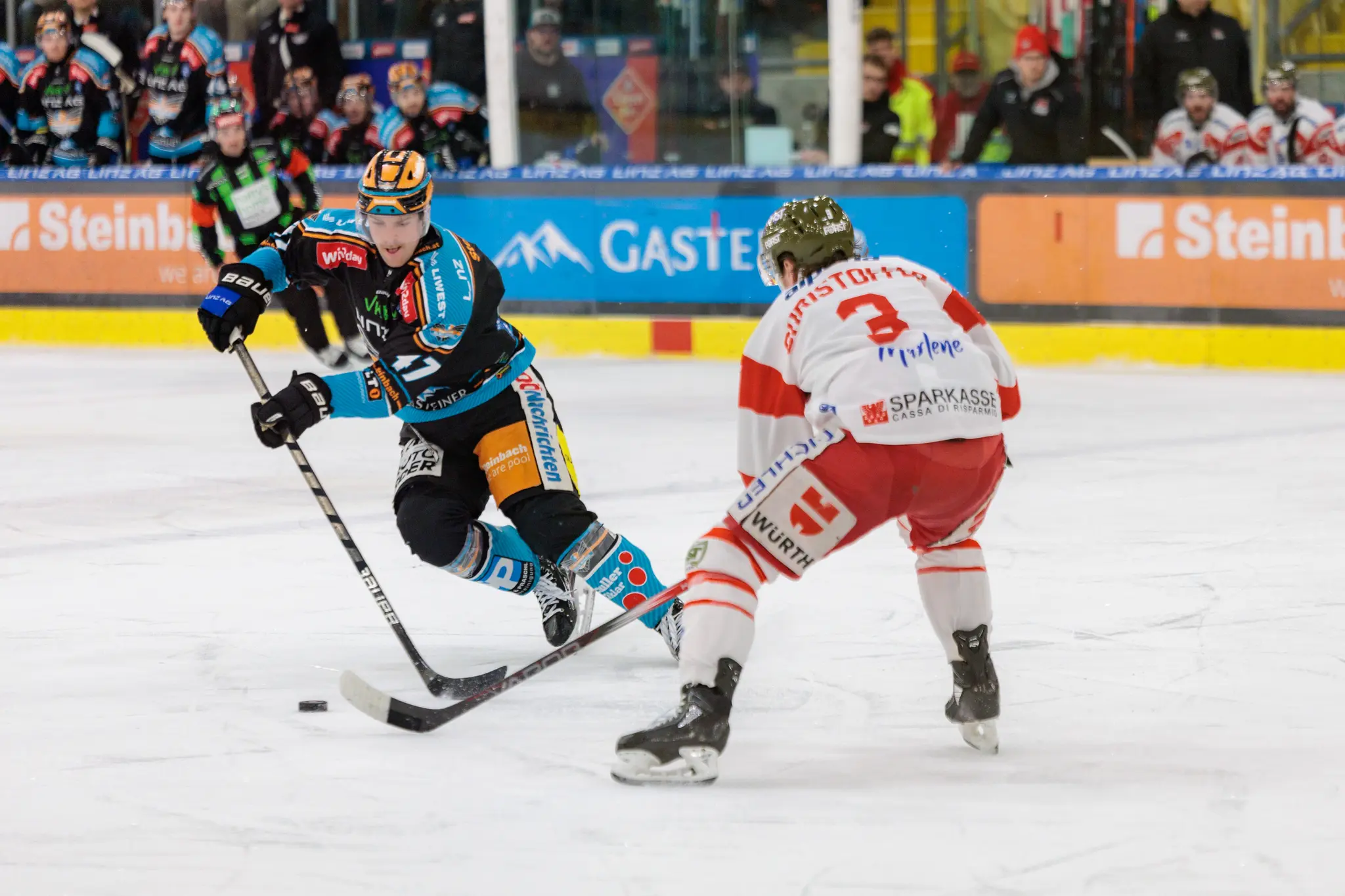 Eishockeyspieler der Black Wings Linz mit Puck auf dem Eis, während ein Spieler im weißen Trikot verteidigt 