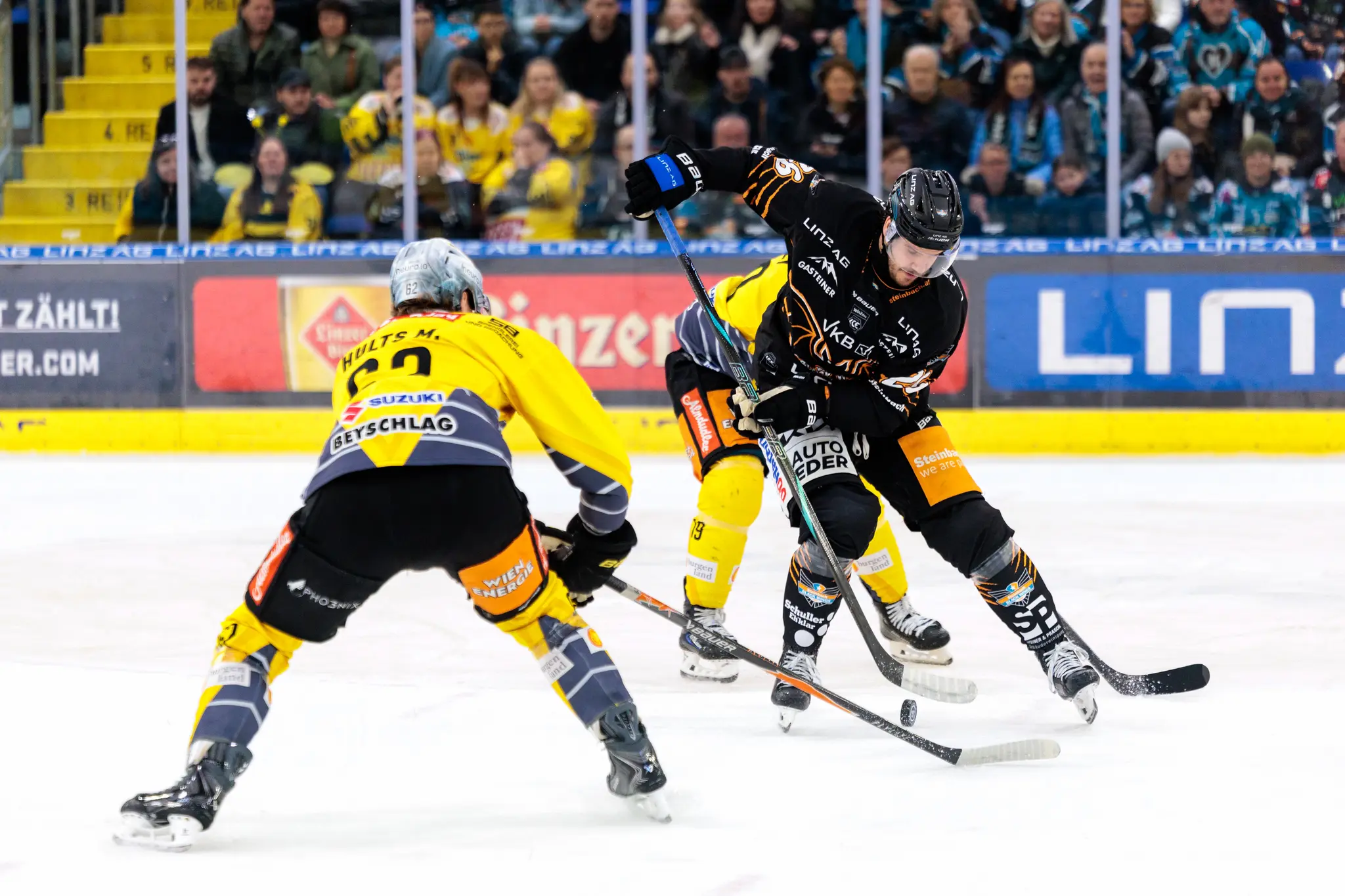 Eishockeyspieler Mitch Hults von den Vienna Capitals im gelben Trikot duelliert sich auf dem Eis mit einem Spieler der Black Wings Linz in schwarzer Spielkleidung vor einer Kulisse von Zuschauern