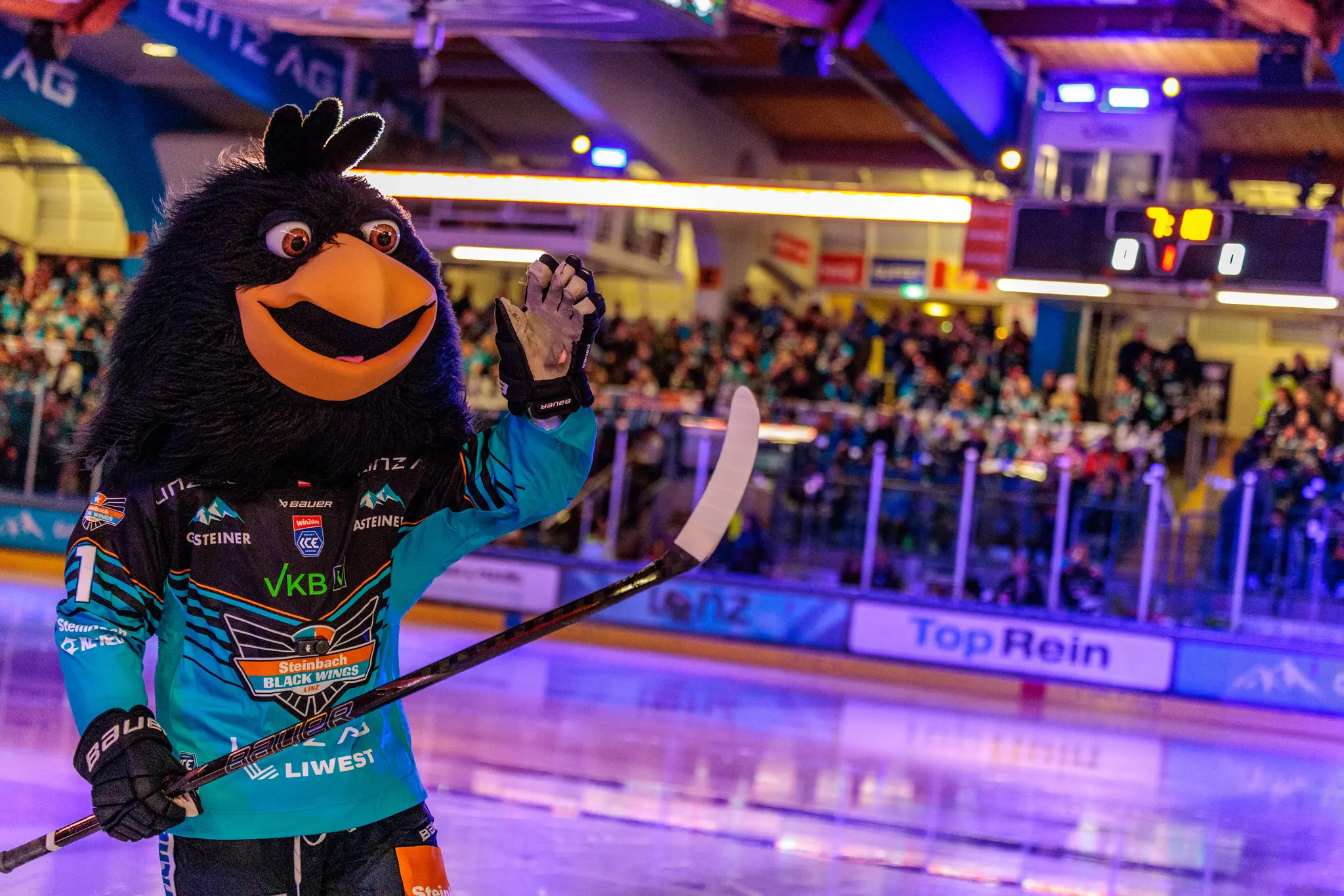 Das Maskottchen "Gonzo" der Steinbach Black Wings Linz steht in voller Eishockey-Montur auf dem Eis und winkt den Fans freundlich zu
