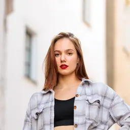 Junge Frau mit rotem Lippenstift und kariertem Hemd blickt vor hellem Hintergrund in die Kamera lens: 56mm F1.4 DC DN | Contemporary 018