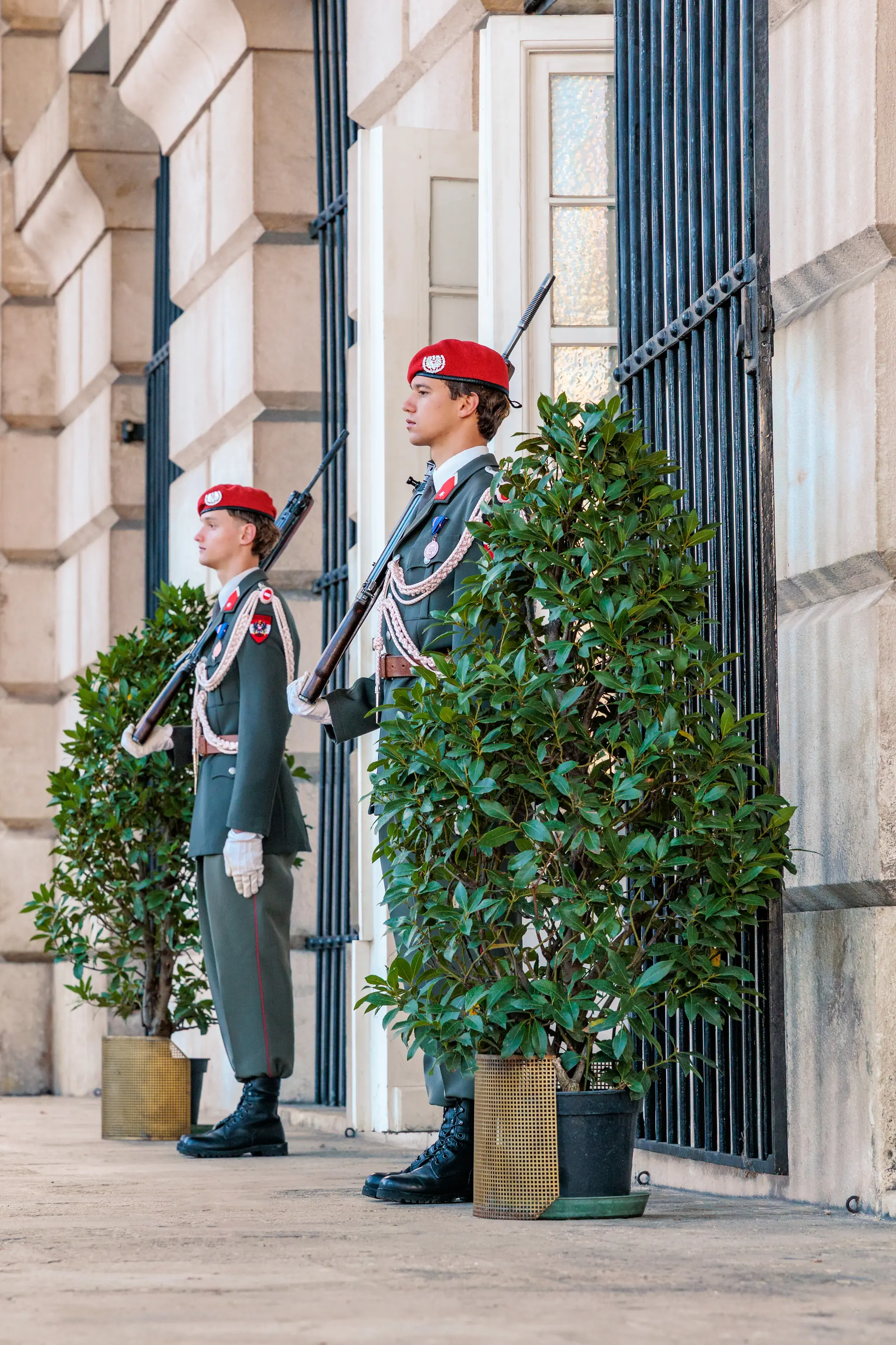 Zwei Gardesoldaten mit Gewehr und roten Baretten stehen vor dem steinernen Eingang der Hofburg, neben ihnen große Topfpflanzen.