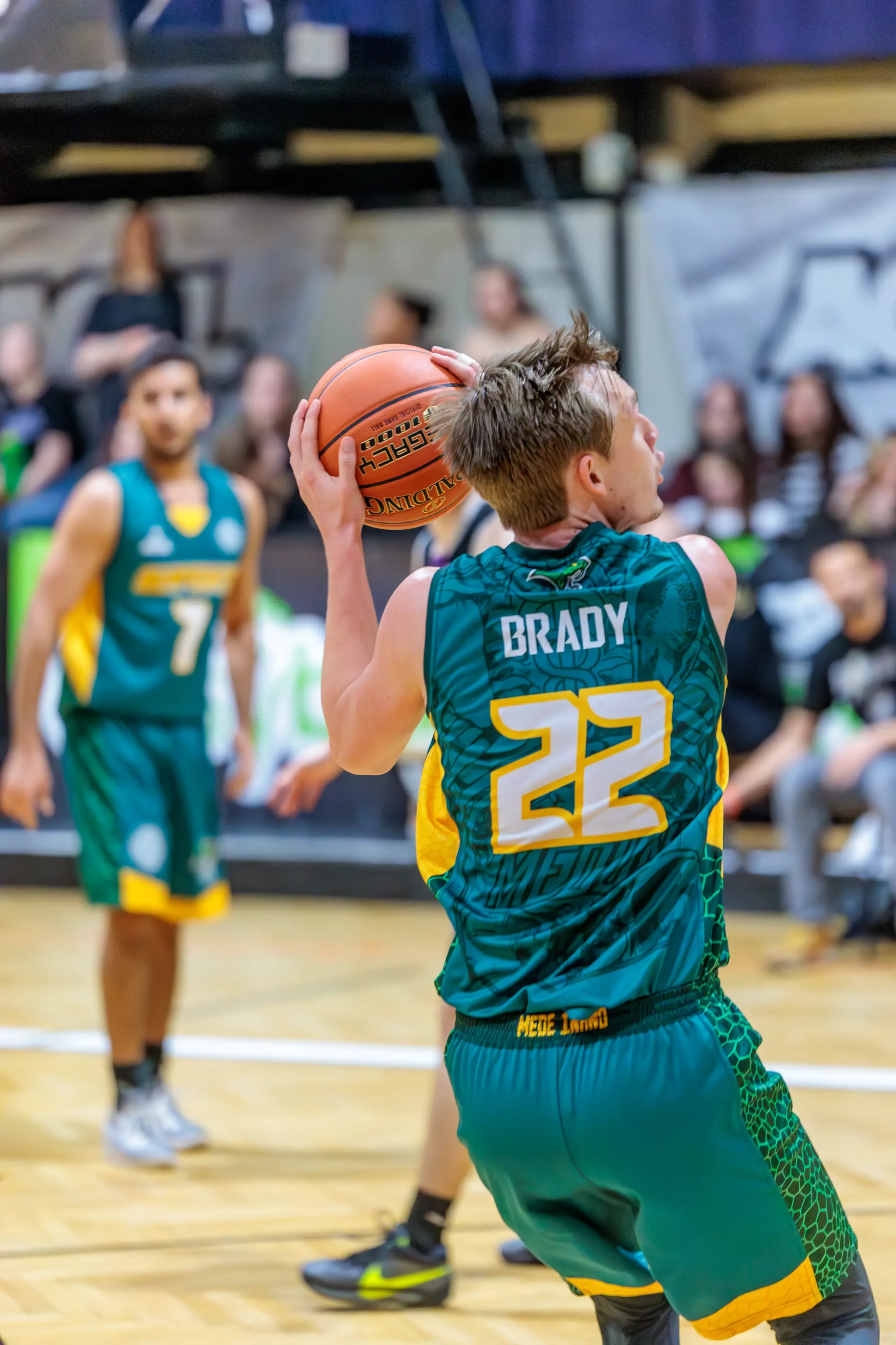 Rückansicht eines Basketballspielers namens Brady mit der Nummer 22 in einem grün-gelben Trikot, der einen Spalding Basketball während eines Indoor-Basketballspiels hält 